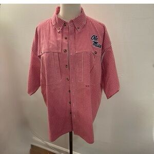 Drake Ole Miss XL Ole Miss Red White Checked Short Sleeve Button Up Shirt